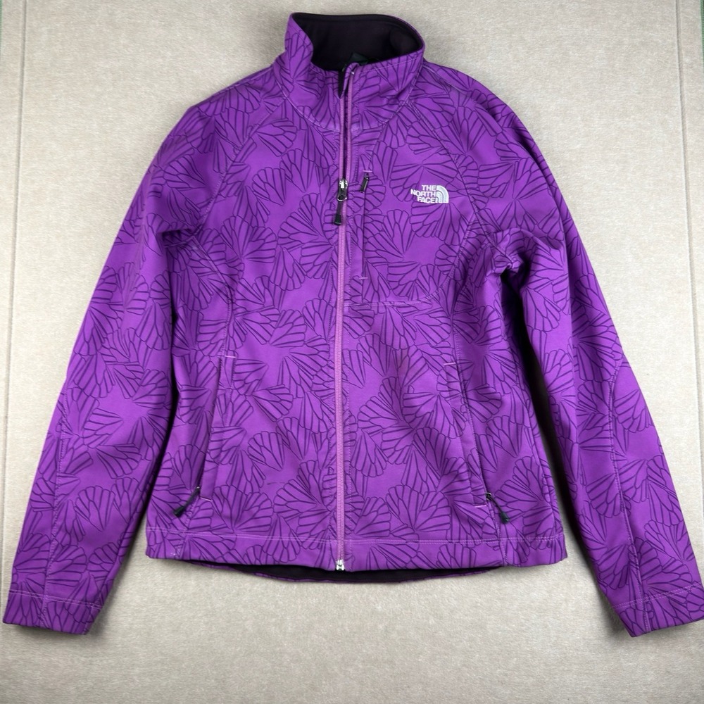 The North Face Women's M‎ Purple Full Zip Softshell Jacket Leaf Print Fleece